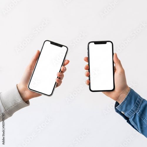 Two hands holding smartphones with blank screens, presented against a plain white background.