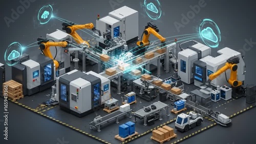 Automated cloud factory: industry automation, robotic arms, and manufacturing process simulation showcase