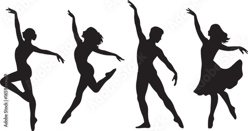 Four silhouettes of ballet dancers in various poses