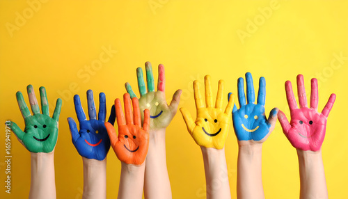 Colorful Hands with Happy Smiles, and Yellow.