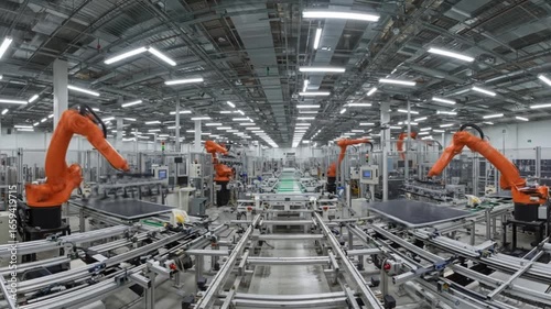 Solar panel manufacturing factory automation robots renewable energy production line industrial technology