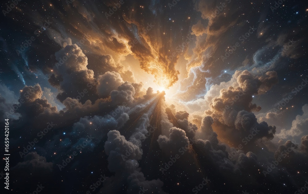 Fototapeta premium Stars clouds golden glow and light rays create a celestial scene