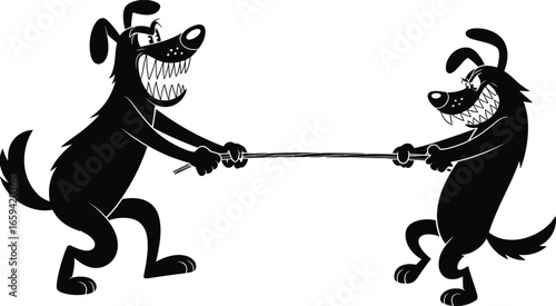 Two cartoon dogs playing tug-of-war with stick, aggressive expressions, humorous rivalry, black and white illustration, animal competition, vector artwork.