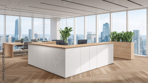 Minimalist office reception with clean white walls and modern furniture, bathed in soft natural light.