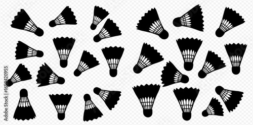 Numerous black silhouette badminton shuttlecocks with white details scattered randomly across a transparent background, depicting sports equipment.