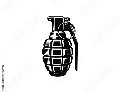 Stylized Grenade in Black and White Vector Illustration for Military and Defense Designs Depicting Explosive Power and Tactical Equipment