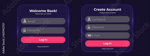 Register and login page layout with email and password fields. Registration and authorization form design. Simple and modern sign up and sign up.