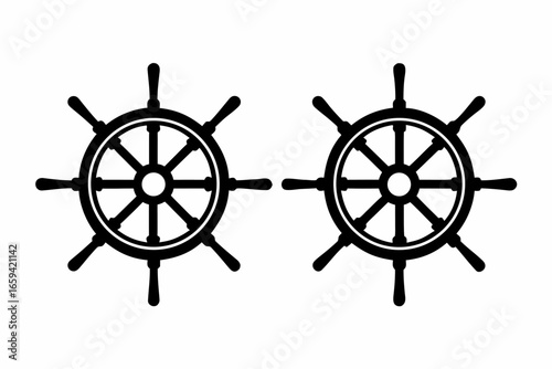 Two ship steering wheels on a plain white background in black color