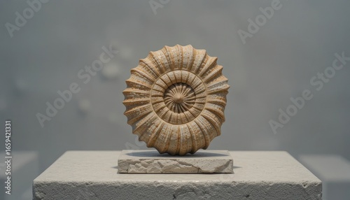 Ammonite fossil on display stand in a museum