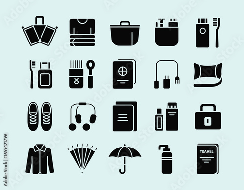 Travel Essentials Black and White Icons Illustrating Vacation Preparation and Necessary Items for Trip Planning and Holiday Getaways