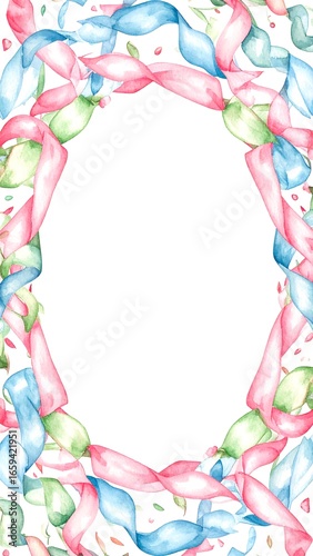 Oval frame of pastel ribbons and confetti