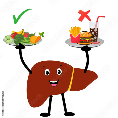 liver holding healthy food on one hand and unhealthy food on other hand with tick correct mark on healthy and wrong mark on unhealthy diet.eps