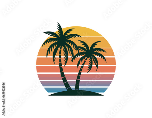 Tropical Island with Palm Trees and Sunset Stripes for Vacation Getaways and Summer Relaxation