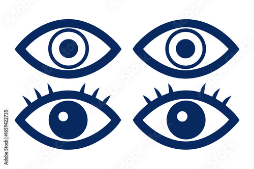 Four different blue eyes with and without eyelashes on white background