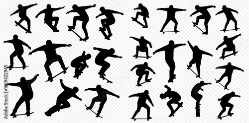 A collection of black silhouettes depicting skateboarders in various action poses, performing jumps and tricks.