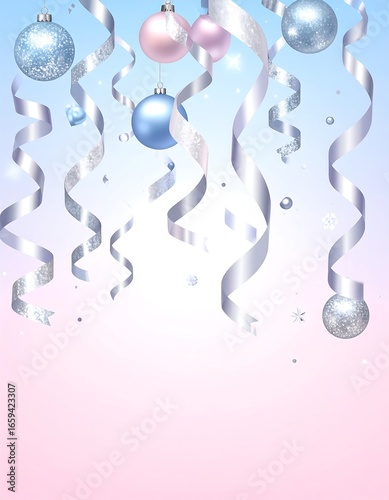 Pastel background with hanging ornaments and ribbons