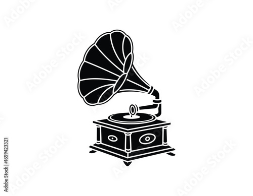 Vintage Gramophone Phonograph Vector Illustration Old Music Player Antique Technology Design Graphic Element Black and White Icon Isolated