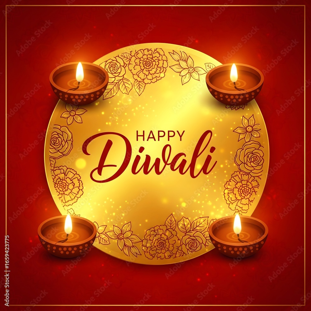 Naklejka premium Happy diwali illuminated by four traditional clay diyas on a decorative golden circular background with red border