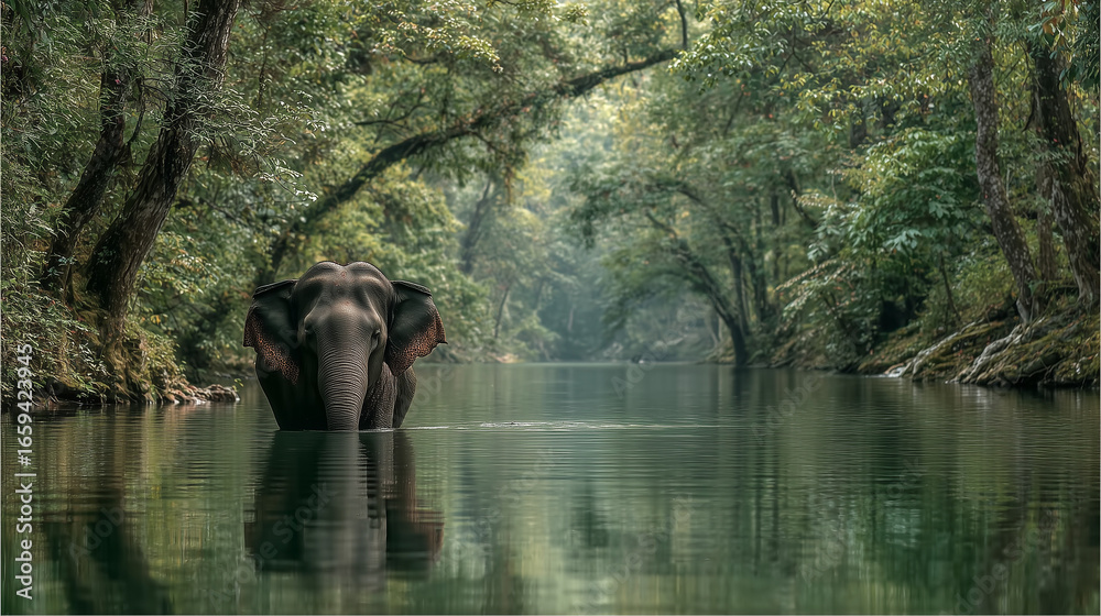 Fototapeta premium Beautiful nature image , The elephant swimming in the river.