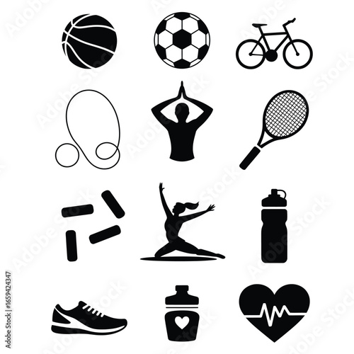 Sport and fitness icons including basketball, soccer ball, bicycle, skipping rope, tennis racket, yoga pose, running shoe, water bottle, heart