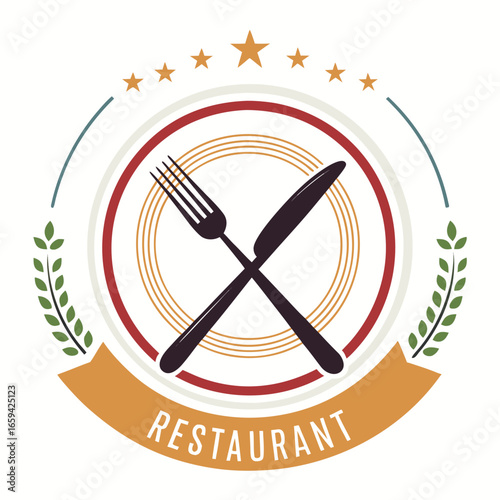 A sophisticated logo for a fine dining restaurant, incorporating an elegant fork and knife design inside a circular badge, with deep red and gold accents for a premium feel
