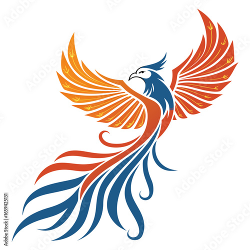 Elegant phoenix bird with vibrant orange and blue wings