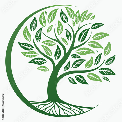 Green tree with leaves and roots in a circular frame