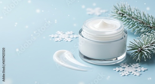 Moisturizing Cream Jar with Holiday Theme on Snowy Blue Background