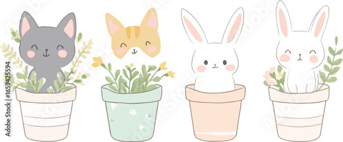 Adorable watercolor illustration of four cute potted animals including cats and bunnies with green leaves