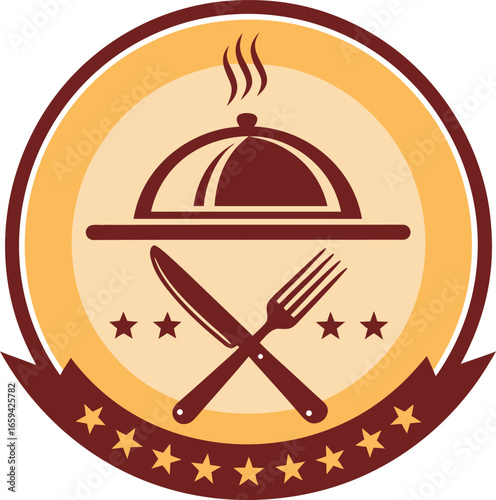 A sophisticated logo for a fine dining restaurant, incorporating an elegant fork and knife design inside a circular badge, with deep red and gold accents for a premium feel
