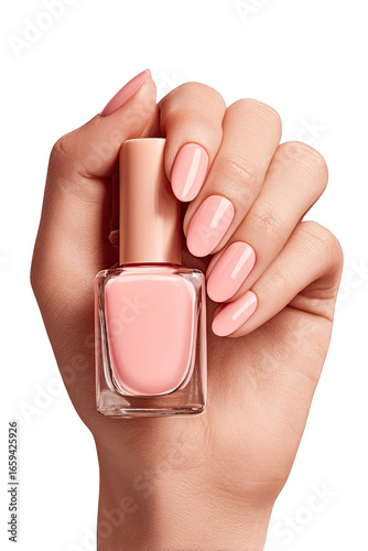 Hand holds light pink nail polish bottle