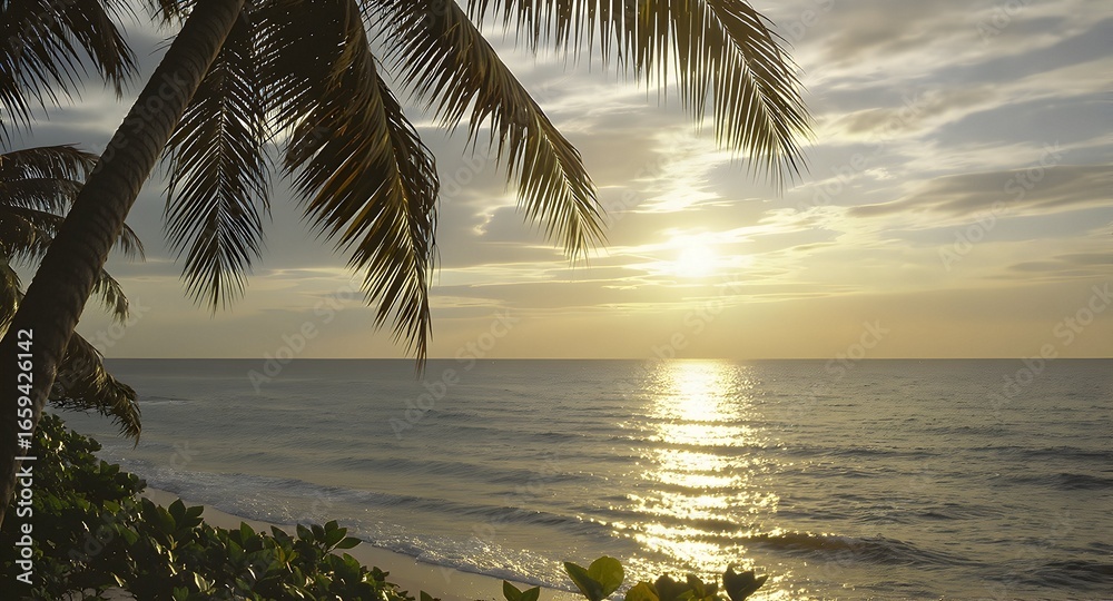 Fototapeta premium Tropical Seascape at Sunset with Palm Tree and Gentle Waves