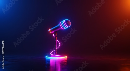 Neon microphone stand with colorful lighting on dark background  