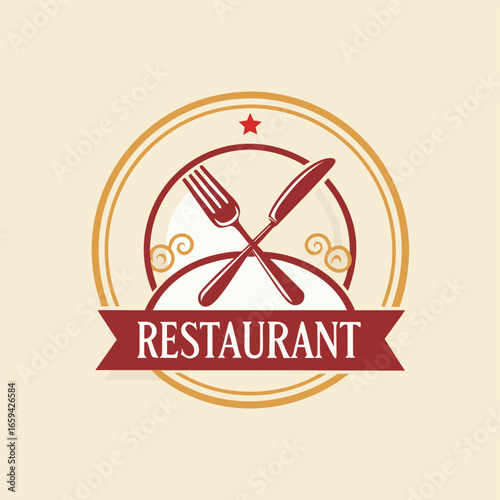 A sophisticated logo for a fine dining restaurant, incorporating an elegant fork and knife design inside a circular badge, with deep red and gold accents for a premium feel
