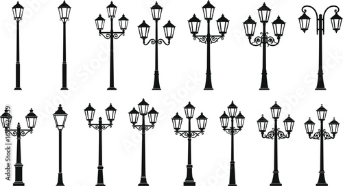 Set of 16 street lamp silhouettes in varied styles for architecture, decoration, and design projects