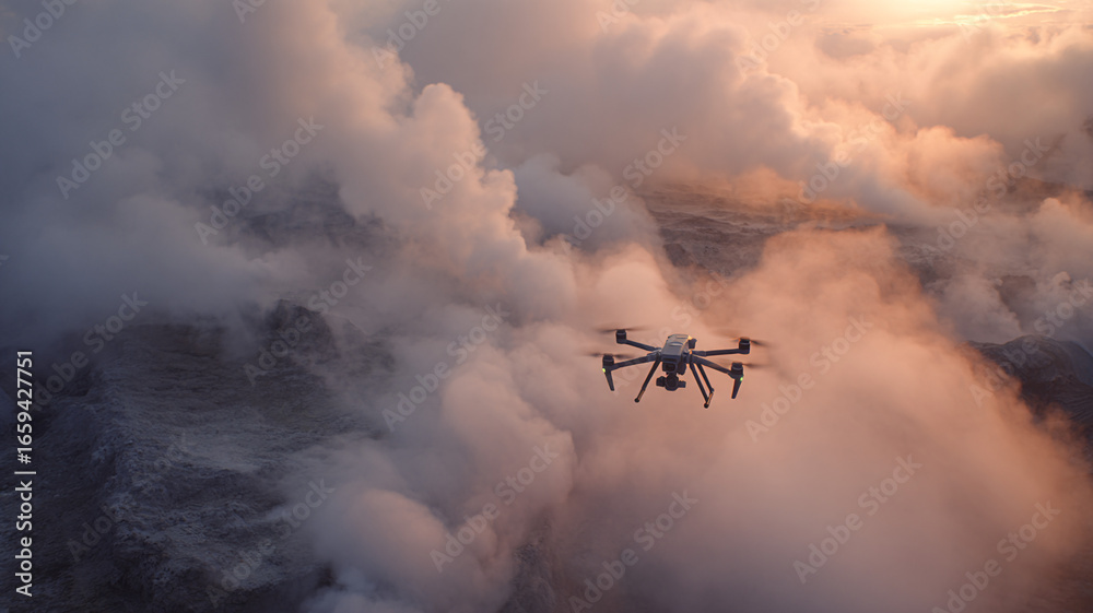 Obraz premium Quadcopter flying above mountains in thick morning fog, symbolizing nature monitoring, aerial exploration, and remote photograph