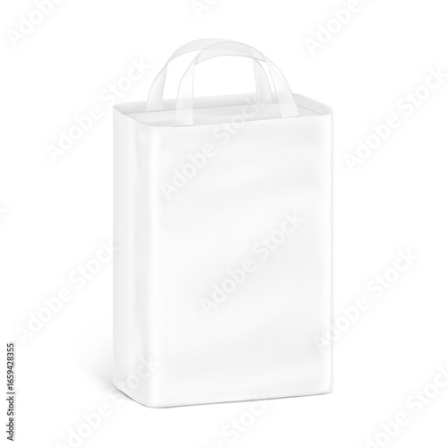 Stand bag with handle mockup. Vector illustration isolated on white background. Ready for your design. Suite for the presentation of diaper, wet wipes, household, etc. EPS10.