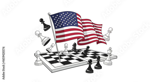 Strategic American politics and global competition conceptualized as a chess match with a USA flag illustration.