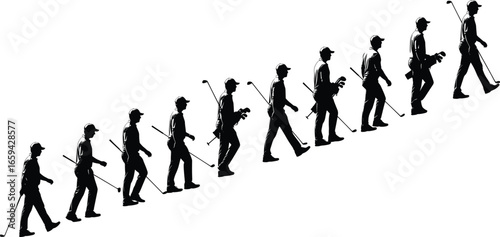 Silhouette sequence of person walking uphill with golf club, symbolizing motion, sport, and personal journey