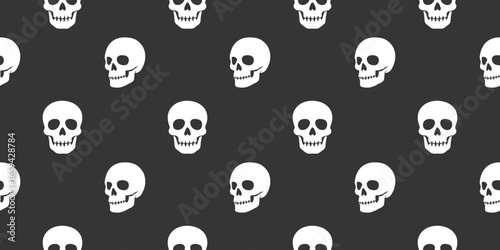 Seamless vector illustration of white skulls on a dark background creating a repeating pattern. Ideal for digital designs, spooky themes, or Halloween decorations.