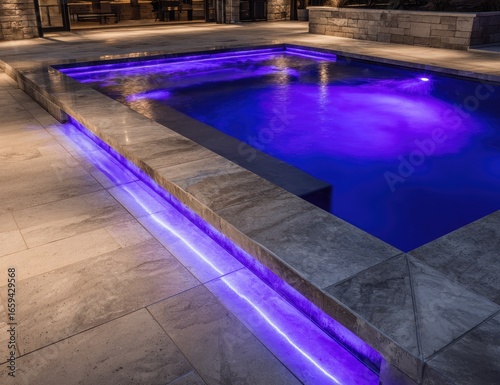 Outdoor pool at night, lit by purple LED strip