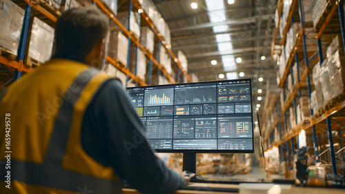Warehouse worker managing logistics processes via computer monitors in industrial environment.