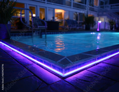 Pool edge lit by vibrant purple LEDs at night