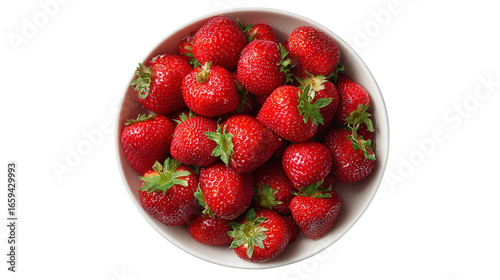 Freshly Picked Strawberries in Bowl: A flat lay of freshly picked strawberries in a bowl with vibrant red color, isolated on a Transparent background, PNG file.