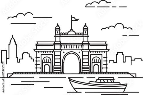 Mumbai Gateway Landmark Sketch Clean Line Drawing with Harbor Boat and Urban Outline