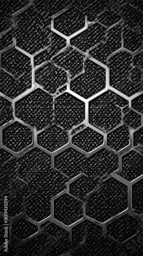 Dark metallic hexagonal grid, textured background