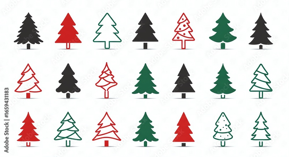 Obraz premium Christmas tree icons in various colors and styles