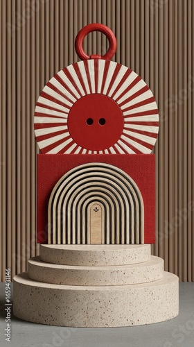 Abstract geometric sculpture with red, white, and beige elements on a tiered stand