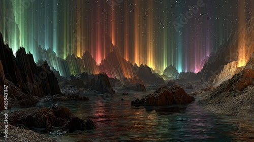 Serene alien landscape with vibrant aurora borealis illuminating rocky terrain and calm water