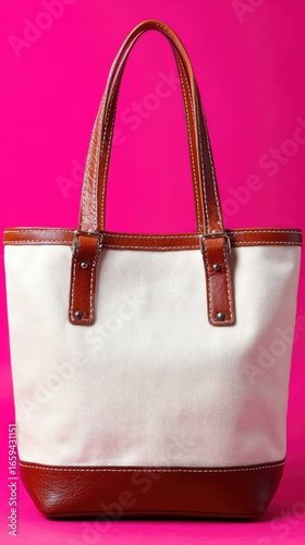 Off-white canvas tote bag with brown leather trim, handles and base, against a bright pink background